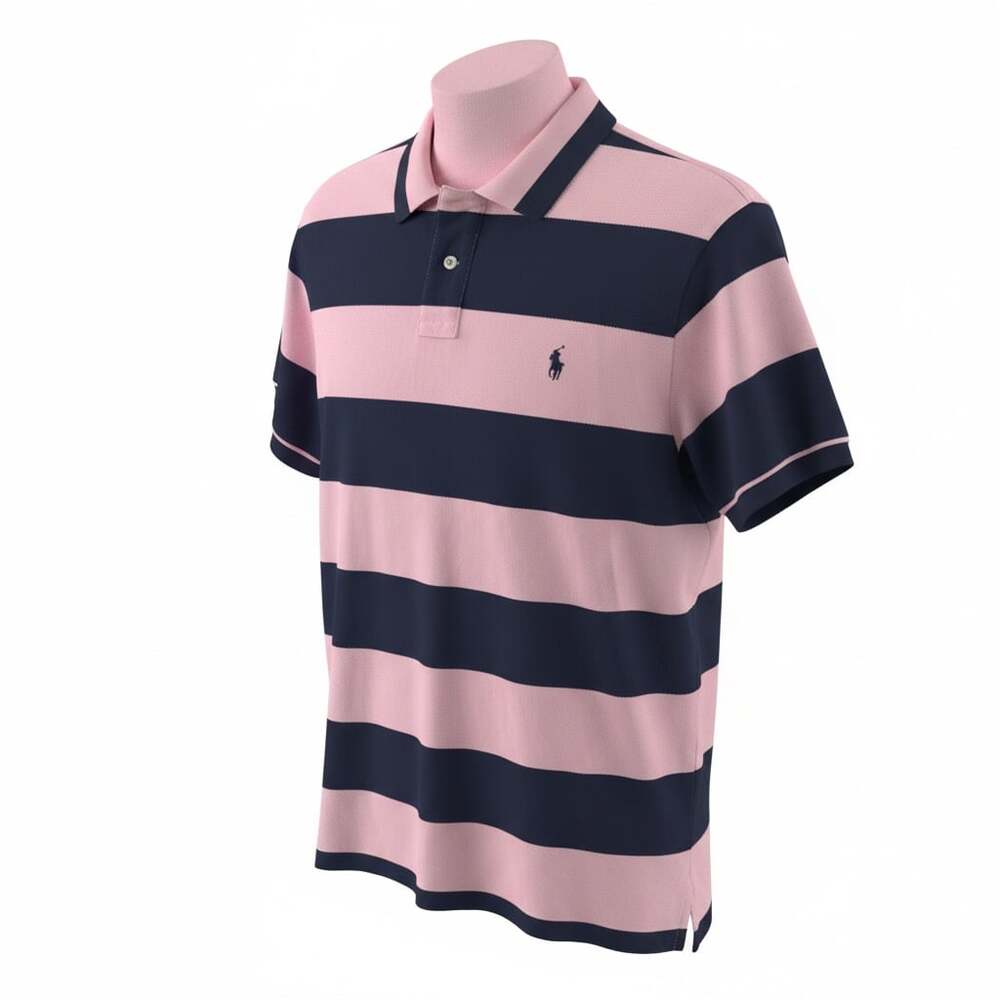 Polo Ralph Lauren Rugby Stripe Polo Shirt XL Pink Navy Slim Fit 90s Preppy